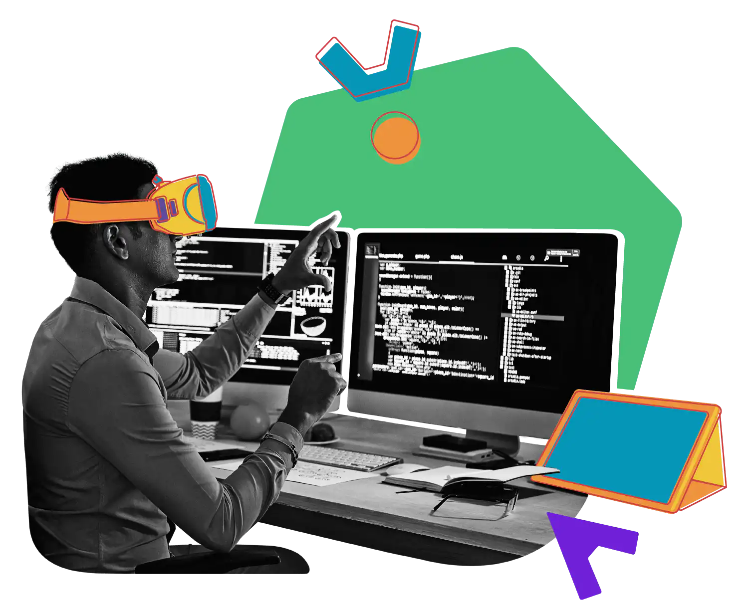 A sitting at a desk with two large monitors and wearing a VR headset. The black and white image is overlayed with several colorful illustrated elements.