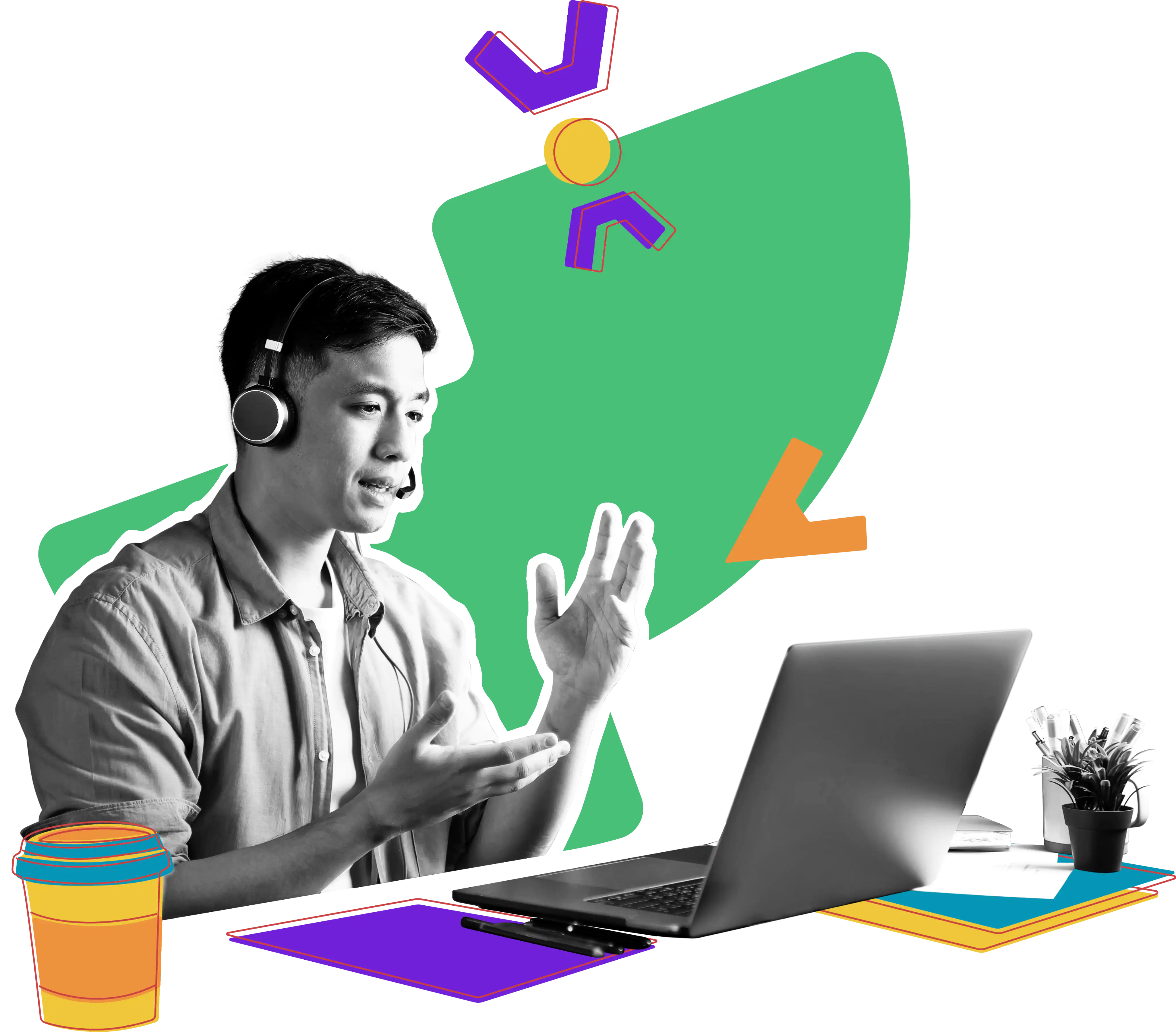A man sitting at a desk in a virtual meeting on his computer. The black and white image is overlayed with several colorful illustrated elements.