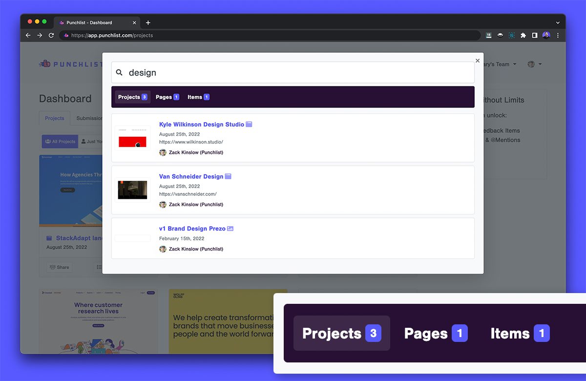 Search your Punchlist workspace for virtually any kind of feedback, files, project names, page titles, page titles or even replies to comments.