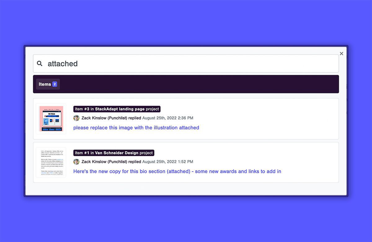 search feedback items and sub comments in Punchlist