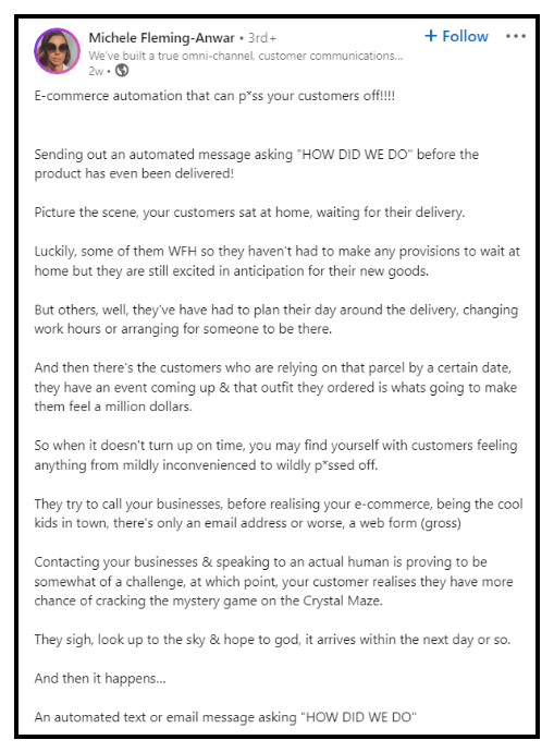 LinkedIn post by Michele Fleming Anwar on Ecommerce Automation