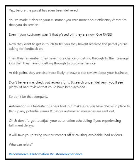 LinkedIn post by Michele Fleming Anwar on Ecommerce Automation
