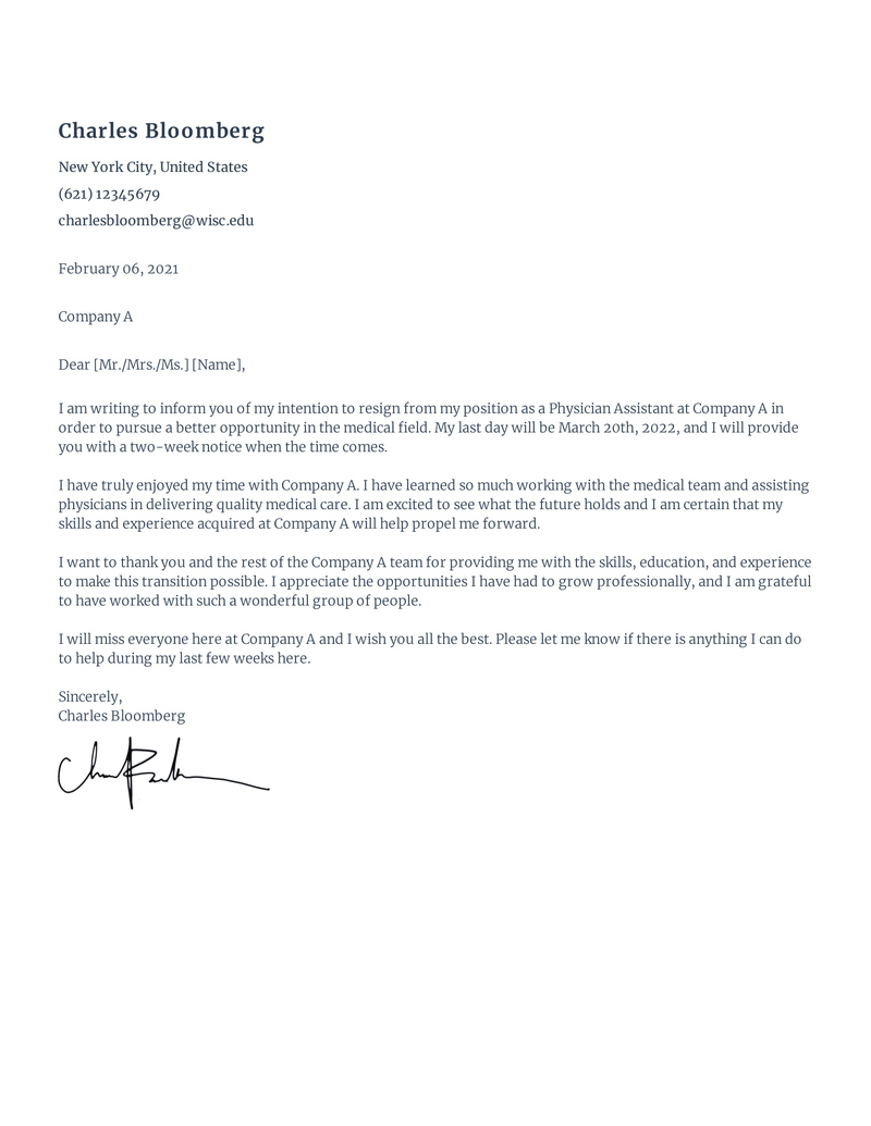 Free Physician Assistant Resignation Letter Sample Rezi