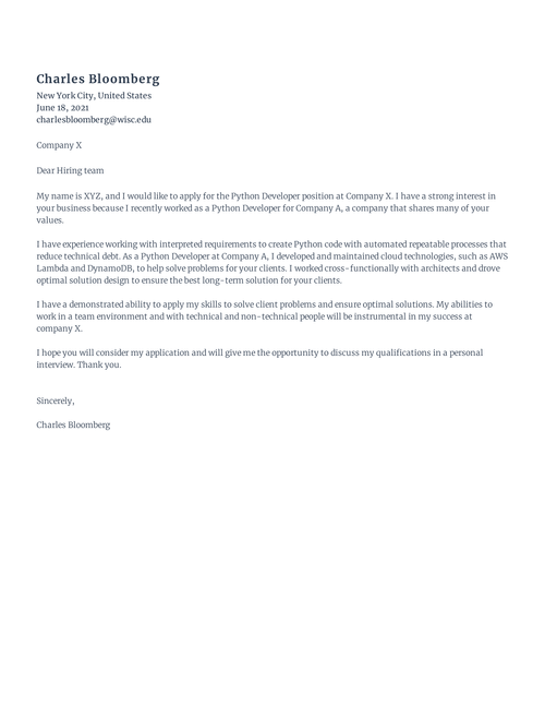 Free Python Developer Cover Letter Sample - Rezi