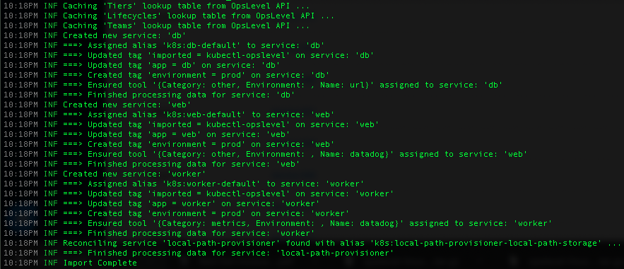 A successful import of service metadata into OpsLevel via OpsLevel's Kubernetes Sync