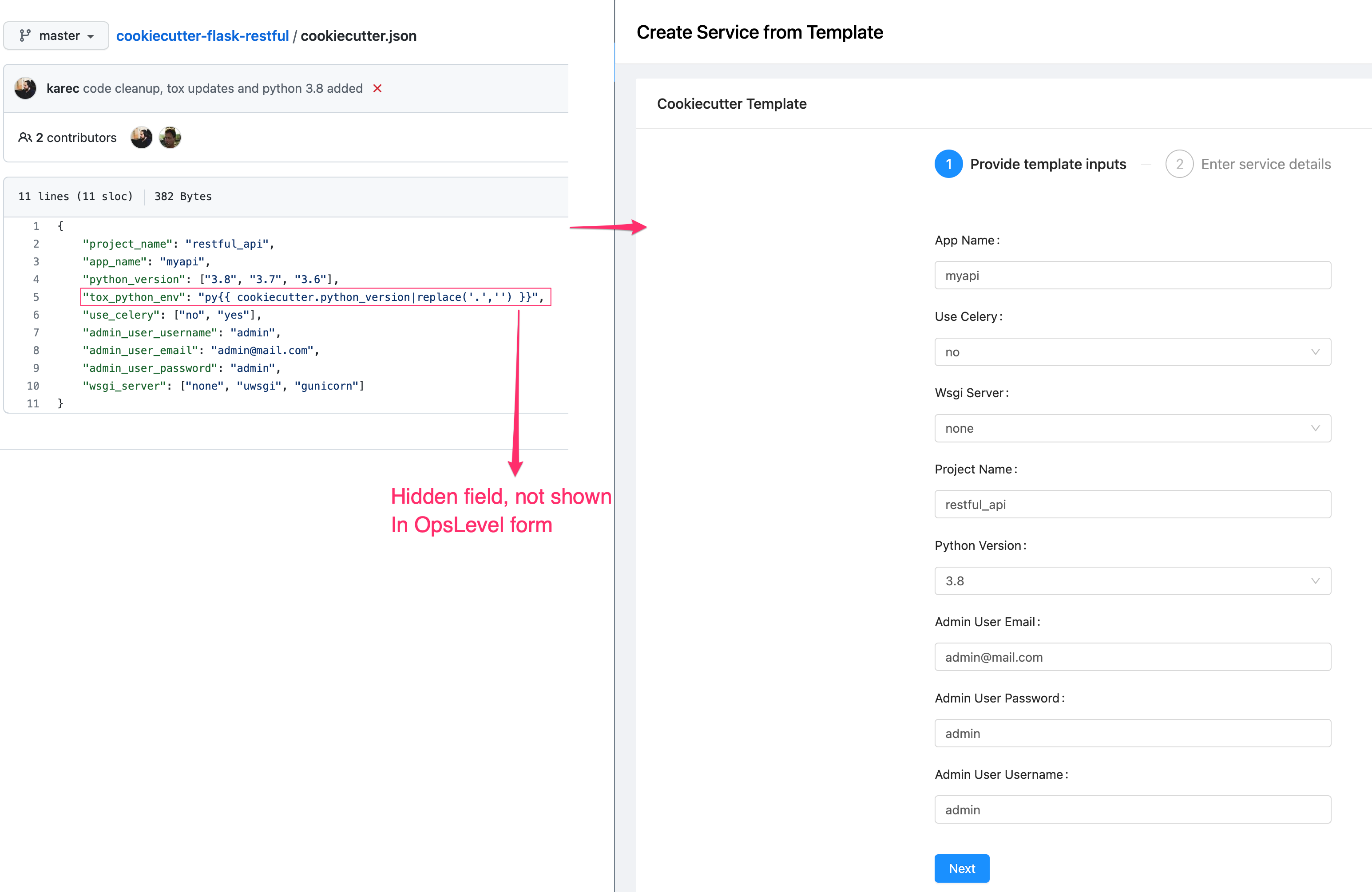 Download Flow Step 1: Enter template inputs (generated from template's cookiecutter.json file)