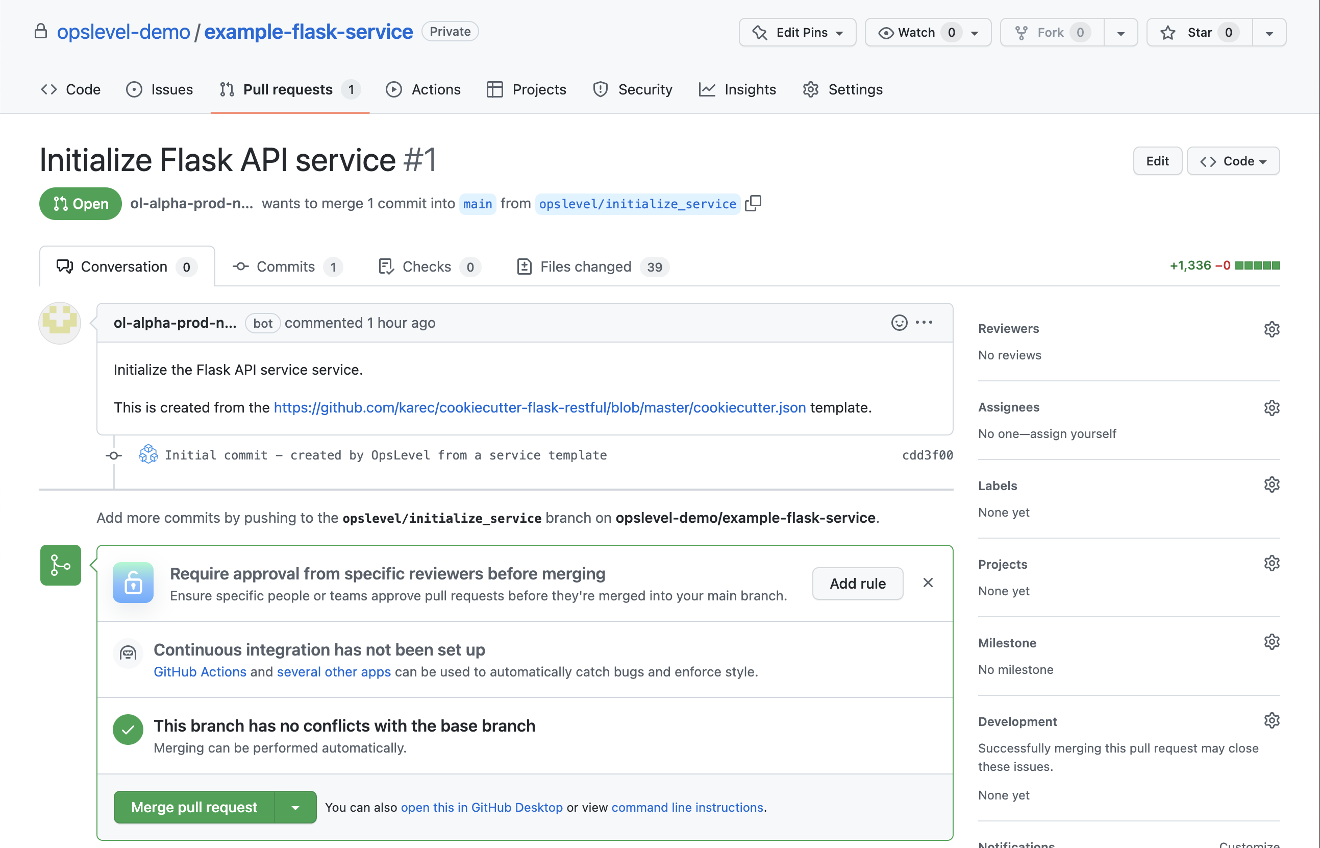 Pull Request in GitHub against new service repository adding all service files