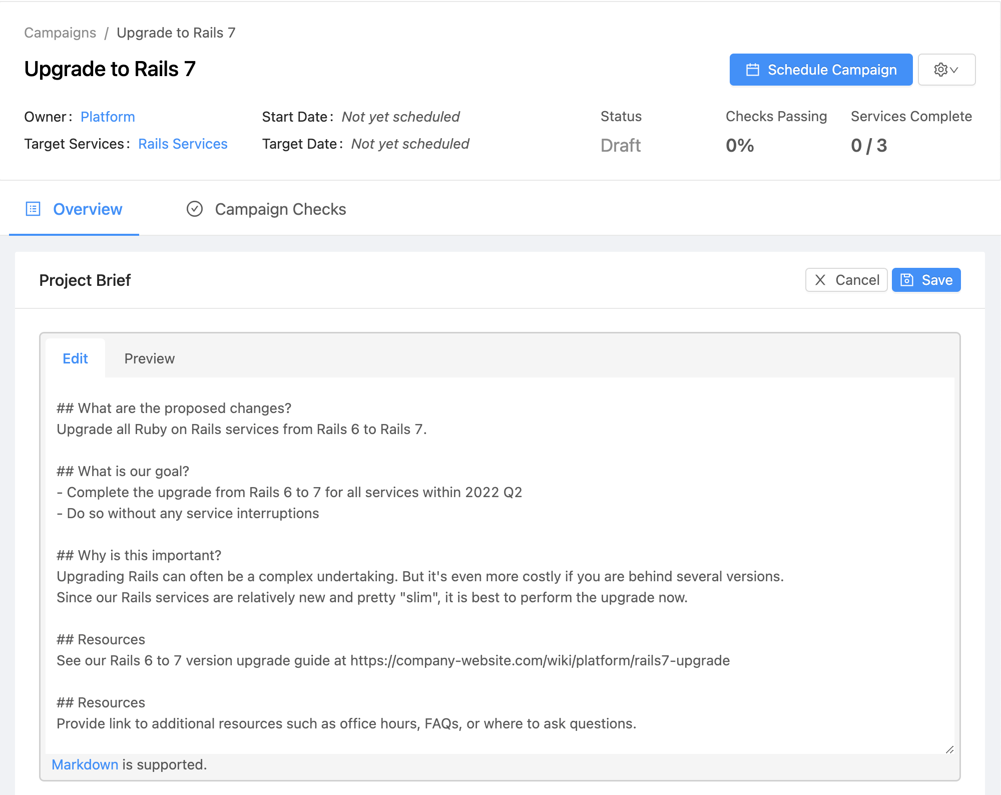 Markdown editor for Project Brief