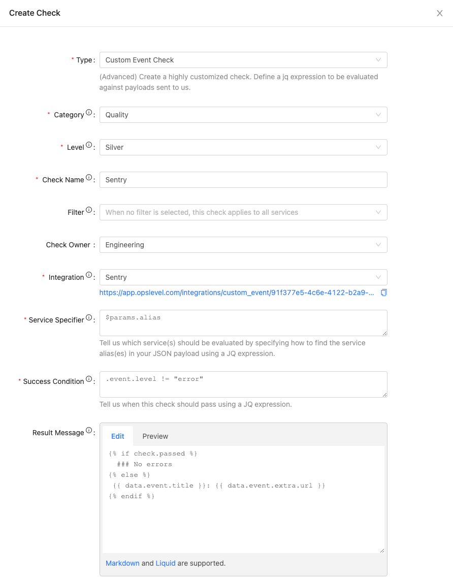 Example Sentry Check in OpsLevel