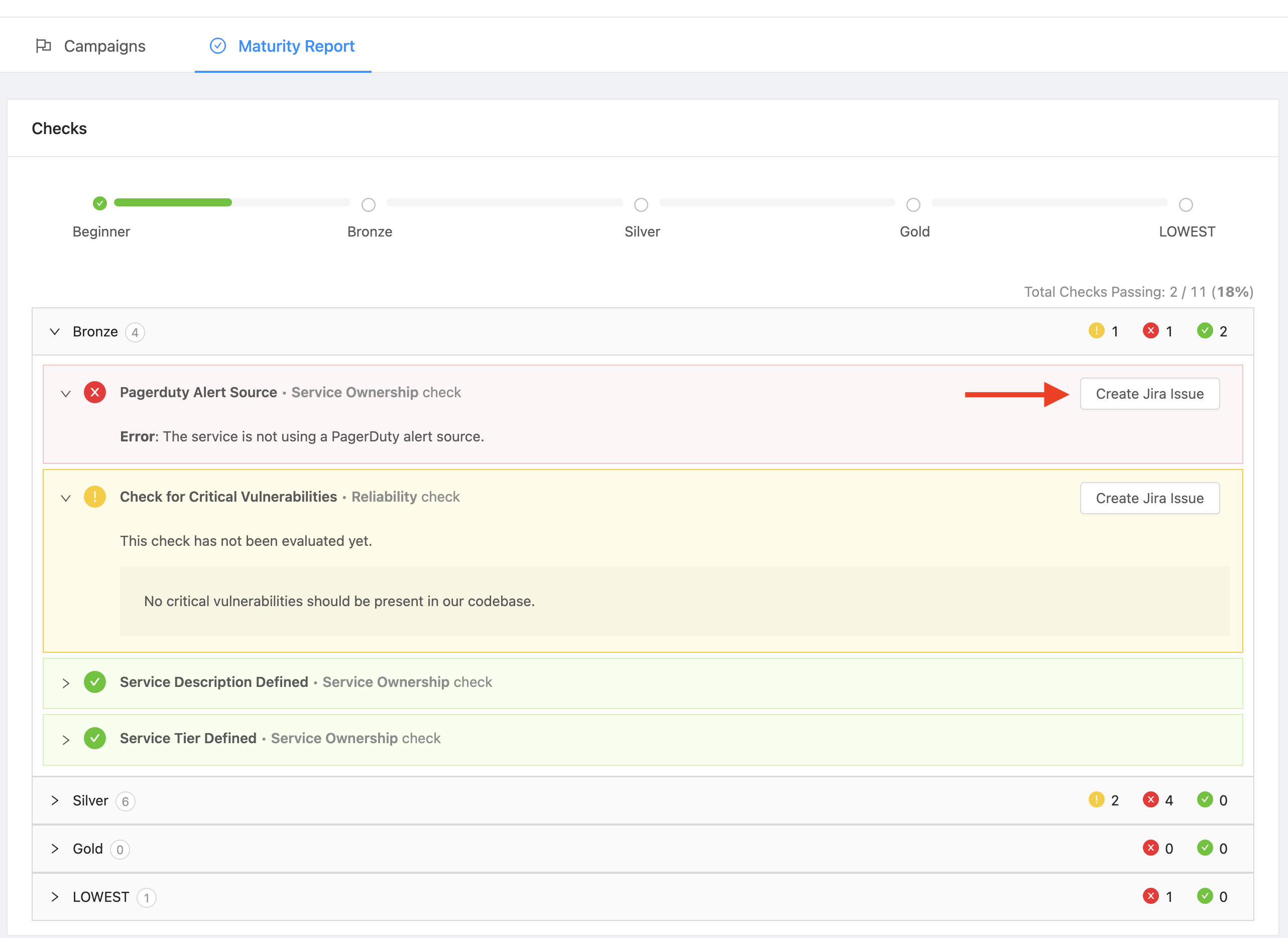 Jira Create Issue Button in Service Maturity Report