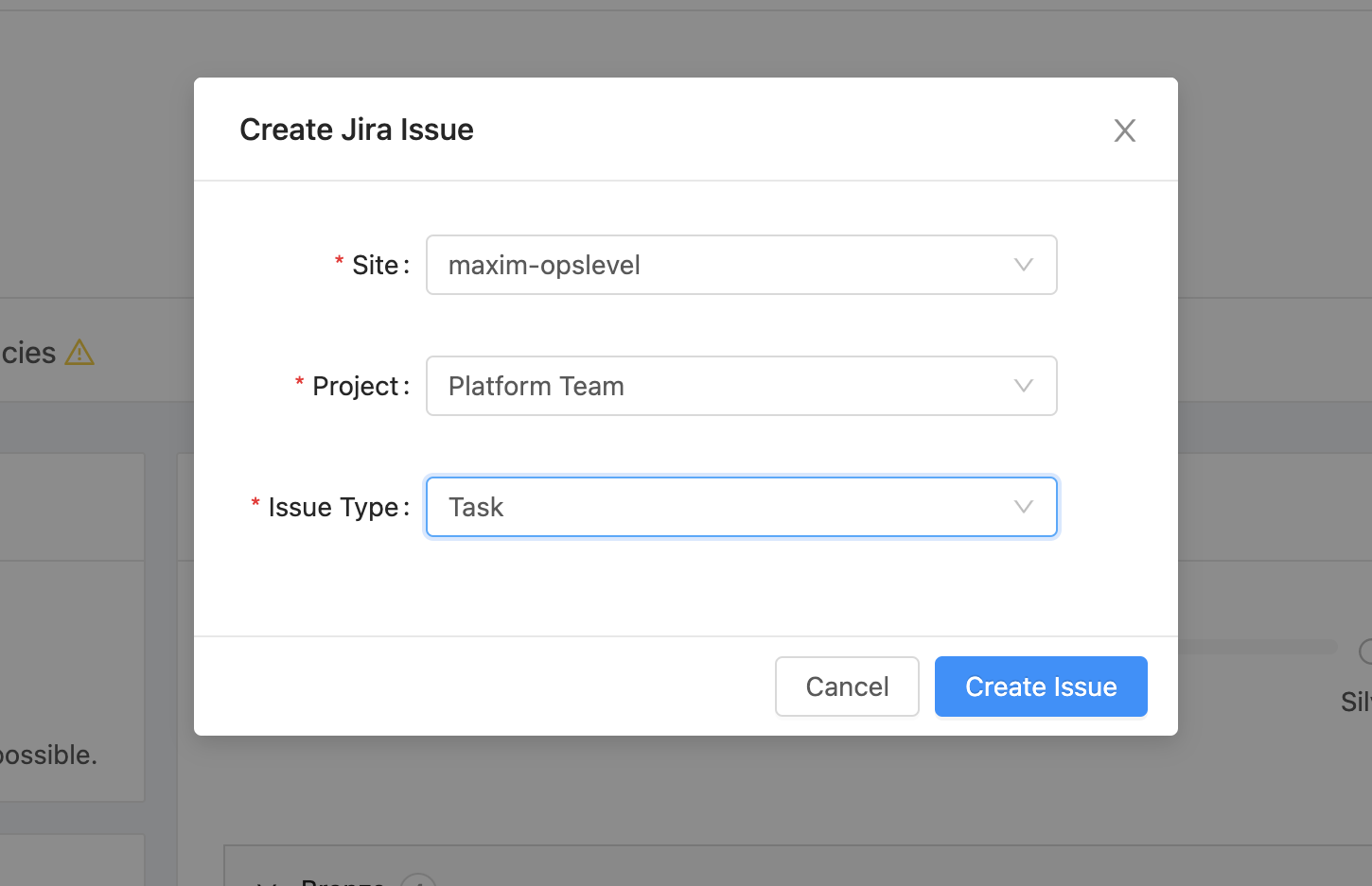 Jira Create Issue Modal in Service Maturity Report