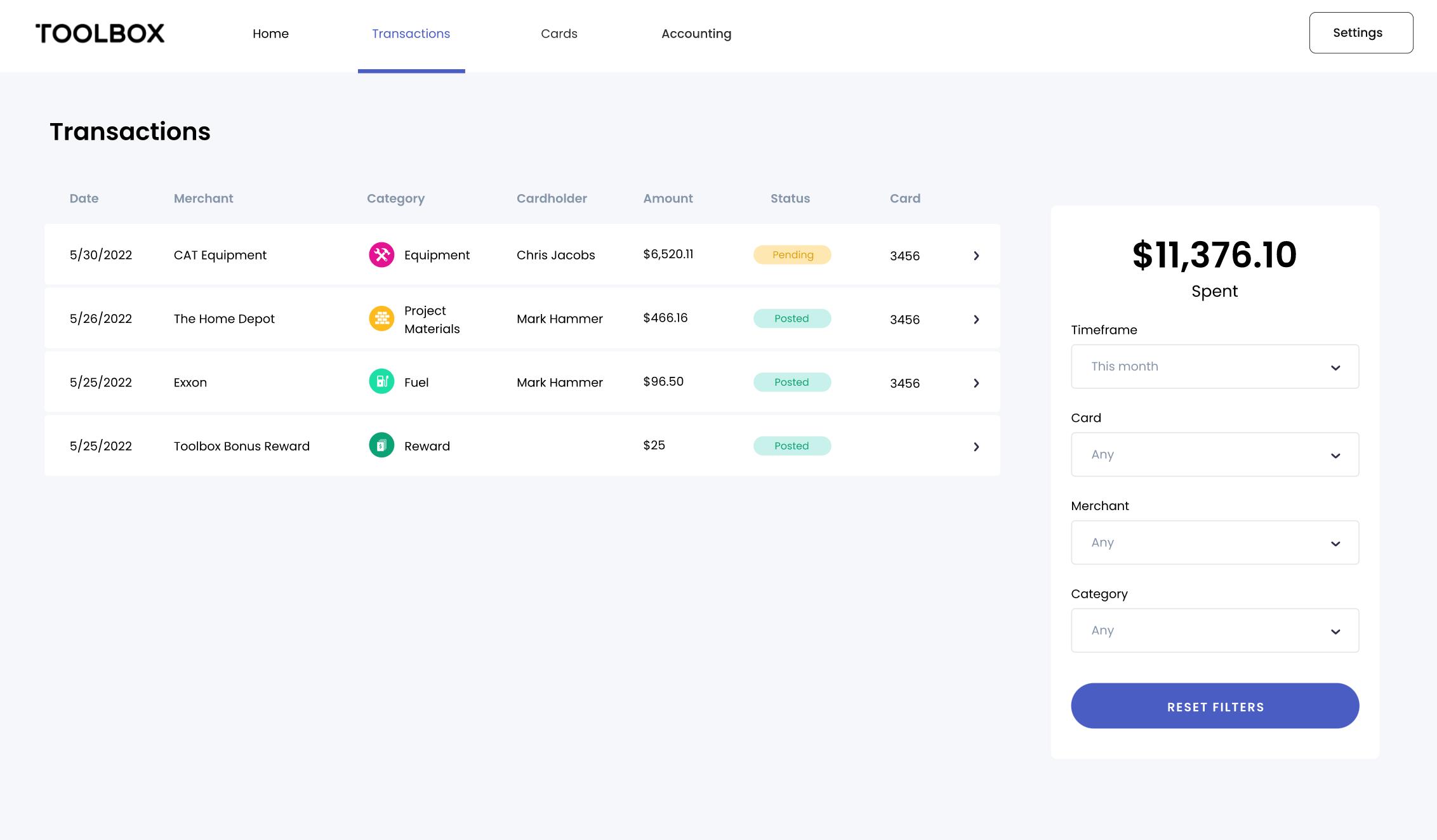 Toolbox Expense Management Platform Dashboard