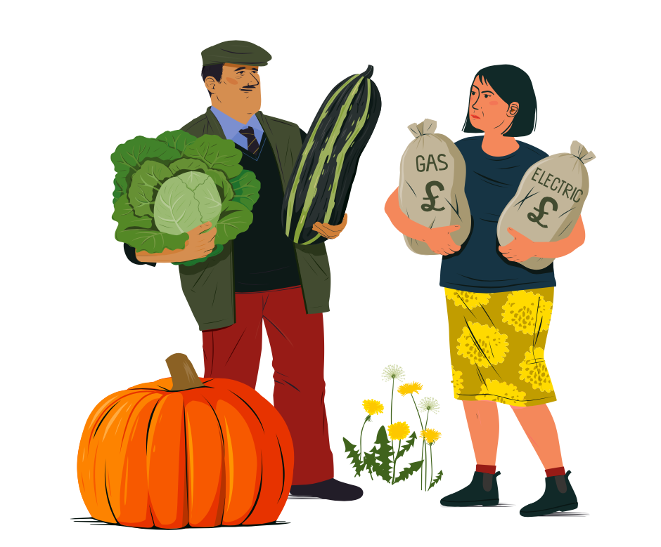 A man holding vegetables, a woman holding money for utilities