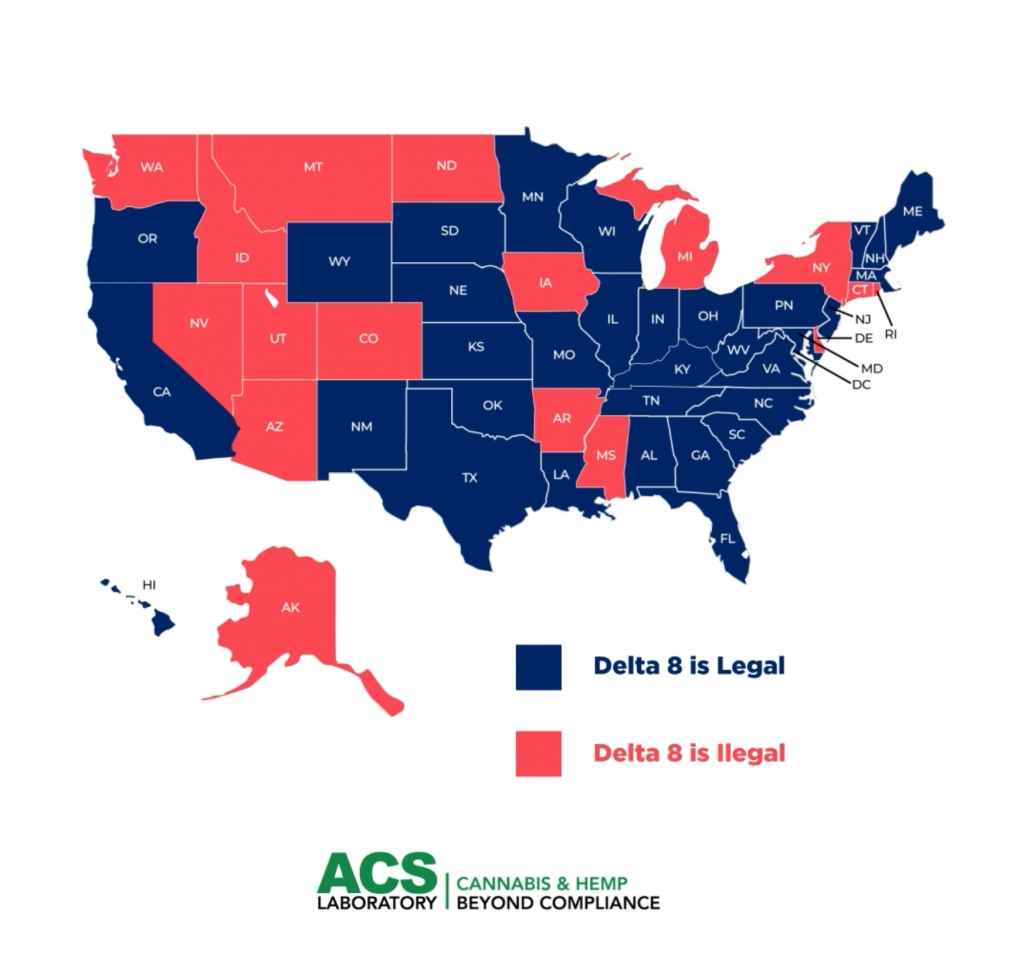 Image of US Map indicating Delta-8 Legality State by State