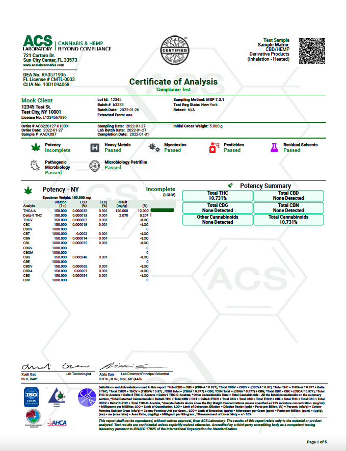 ACS Laboratory Blog Image - Sample New York Certificate of Analysis (COA)