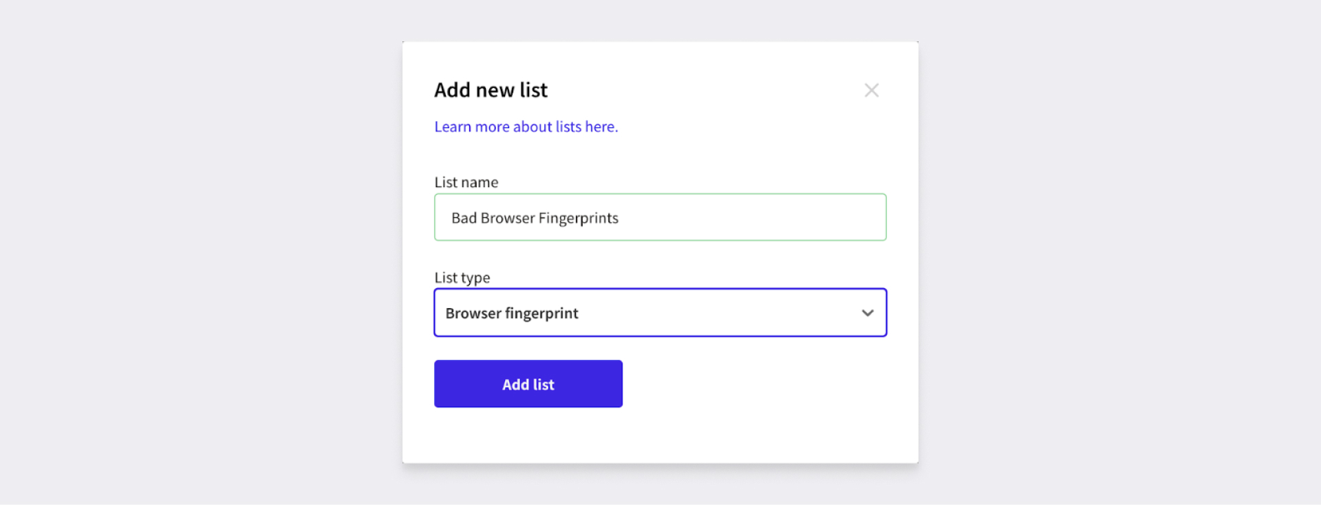 Add new list dialog in the Persona dashboard.