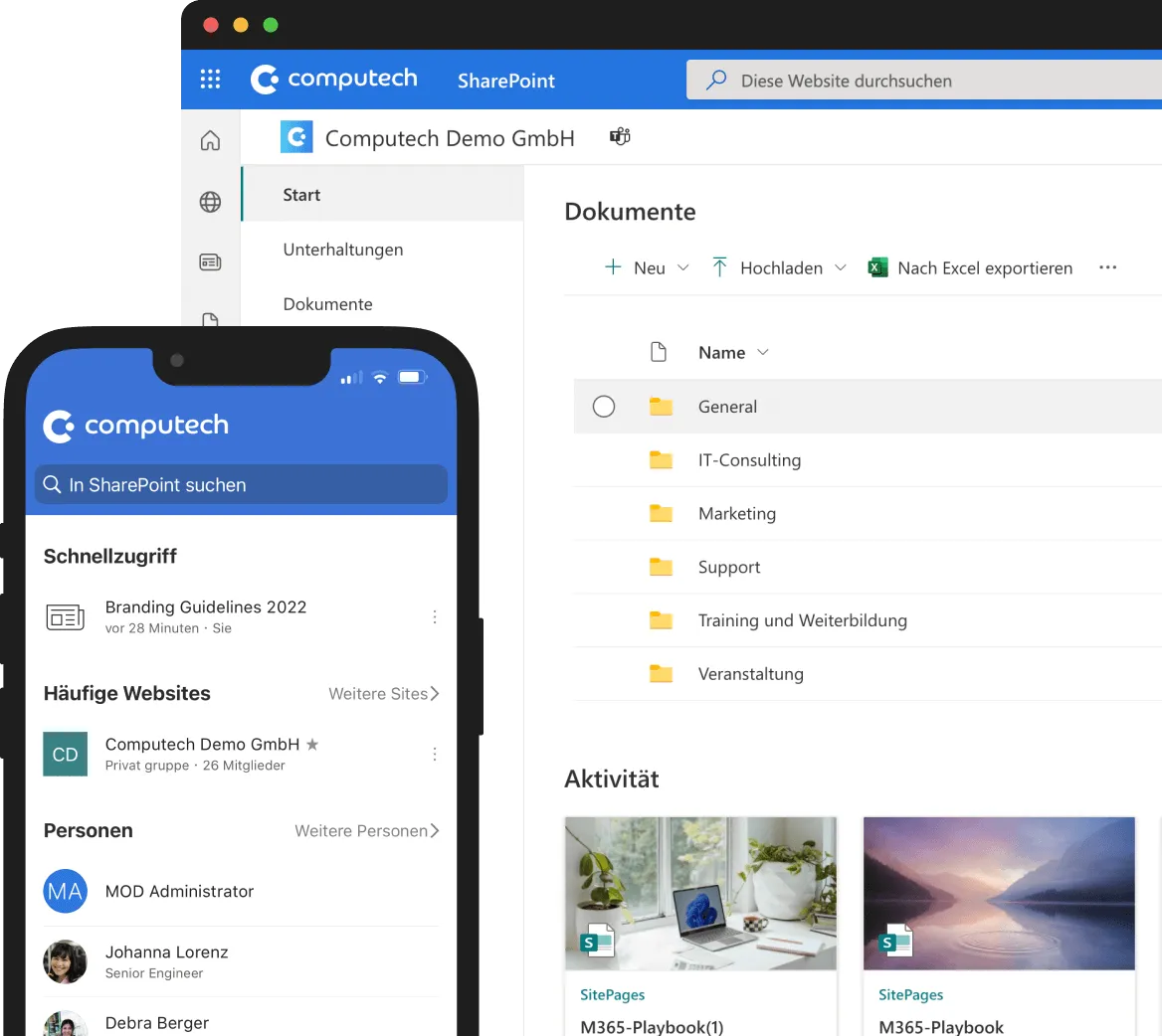 Ein schematisches iPhone und Browserfenster zeigen Microsoft SharePoint.