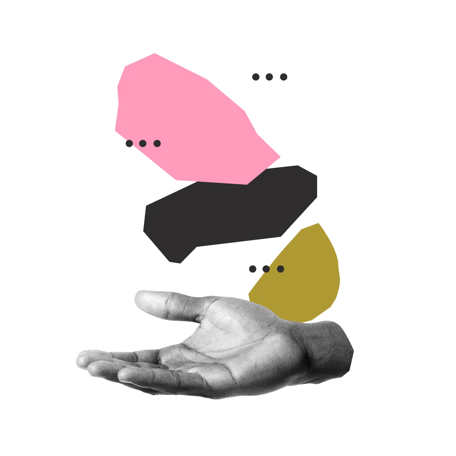 gaia collage illustration of black and white hand and collage pieces in colour