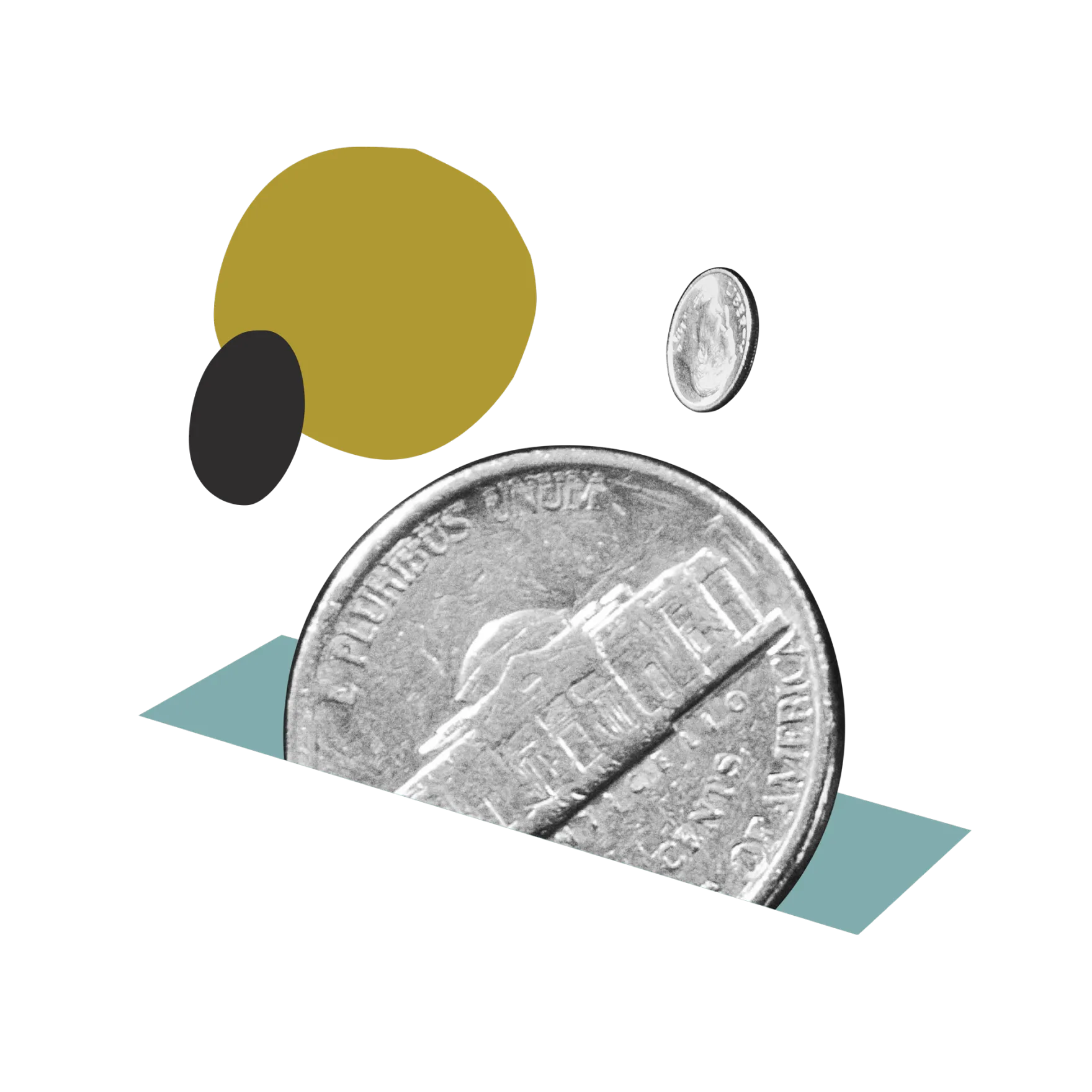black and white coin with collage style circles