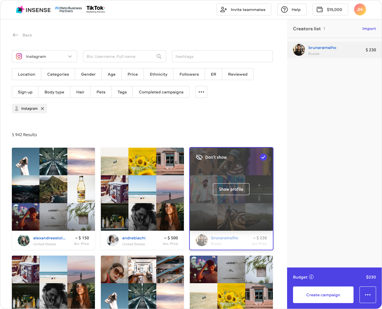Use our range of filters to choose your ideal creator profile