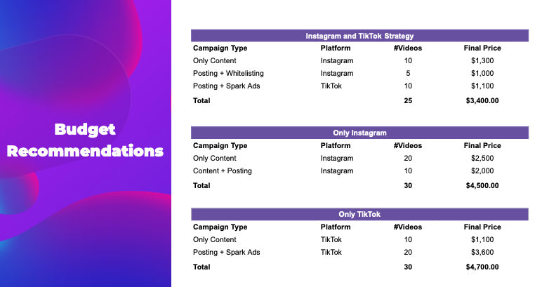 Insense's budget recommendations