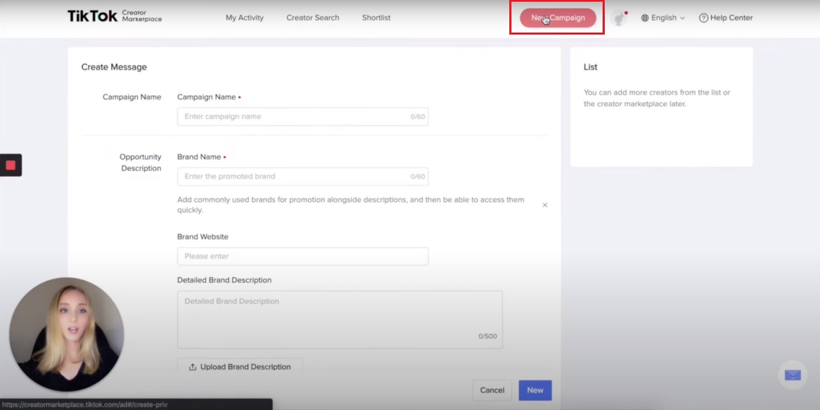 TikTok's creator marketplace campaign page