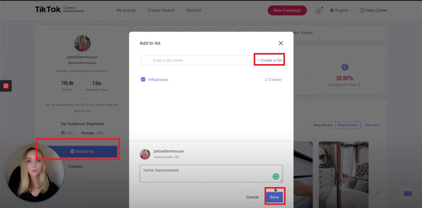 TikTok's creator marketplace add to list page
