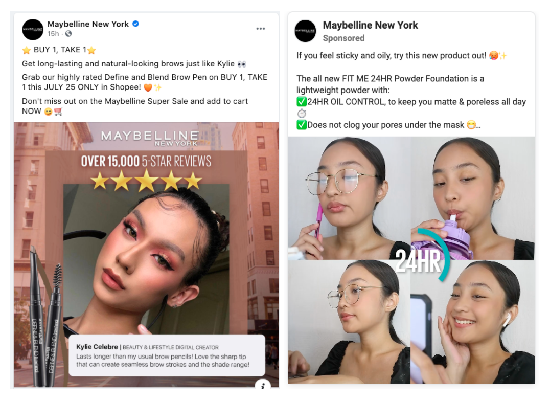 UGC used in a Facebook Ad by Maybelline