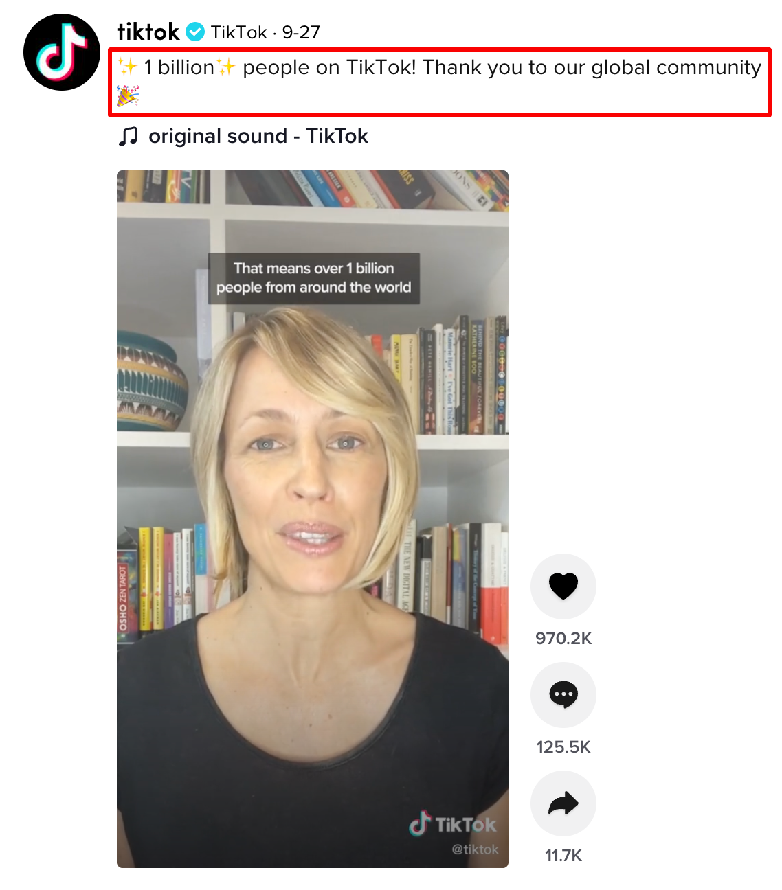 TikTok on TikTok celebrating 1 billion people joining the platform
