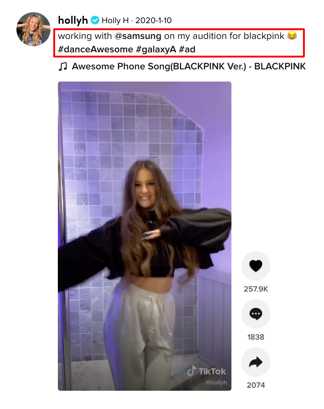 screenshot of Hollyh's TikTok post promoting samsung