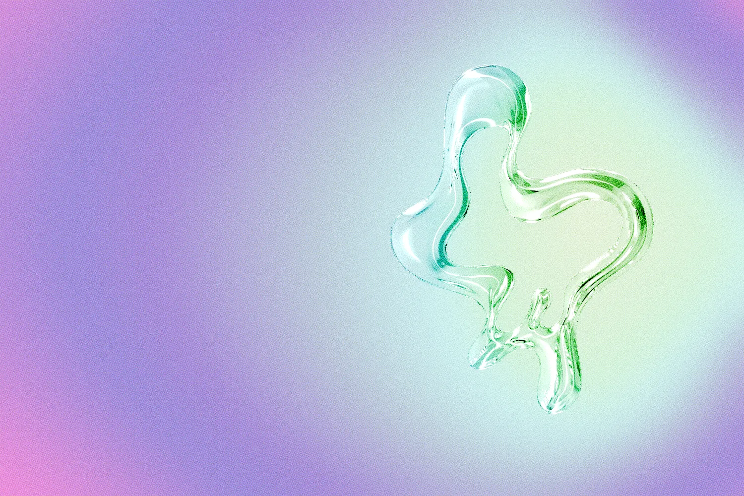 An abstract glass shape on top of a green and purple gradient background