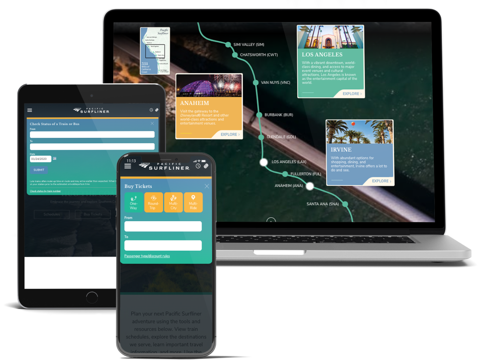 Photo of devices displaying Pacific Surfliner website