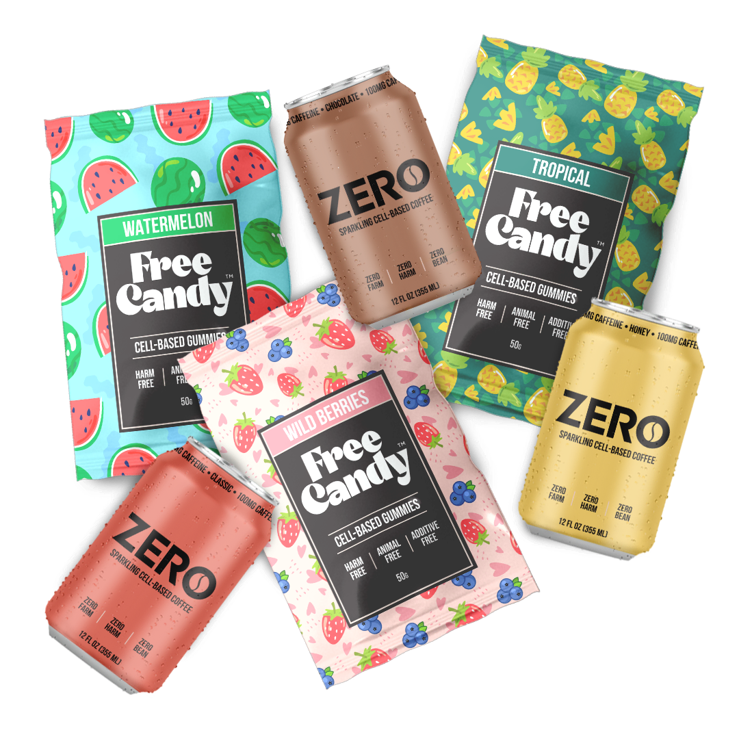 Packages of candy and cans of sparkling coffee