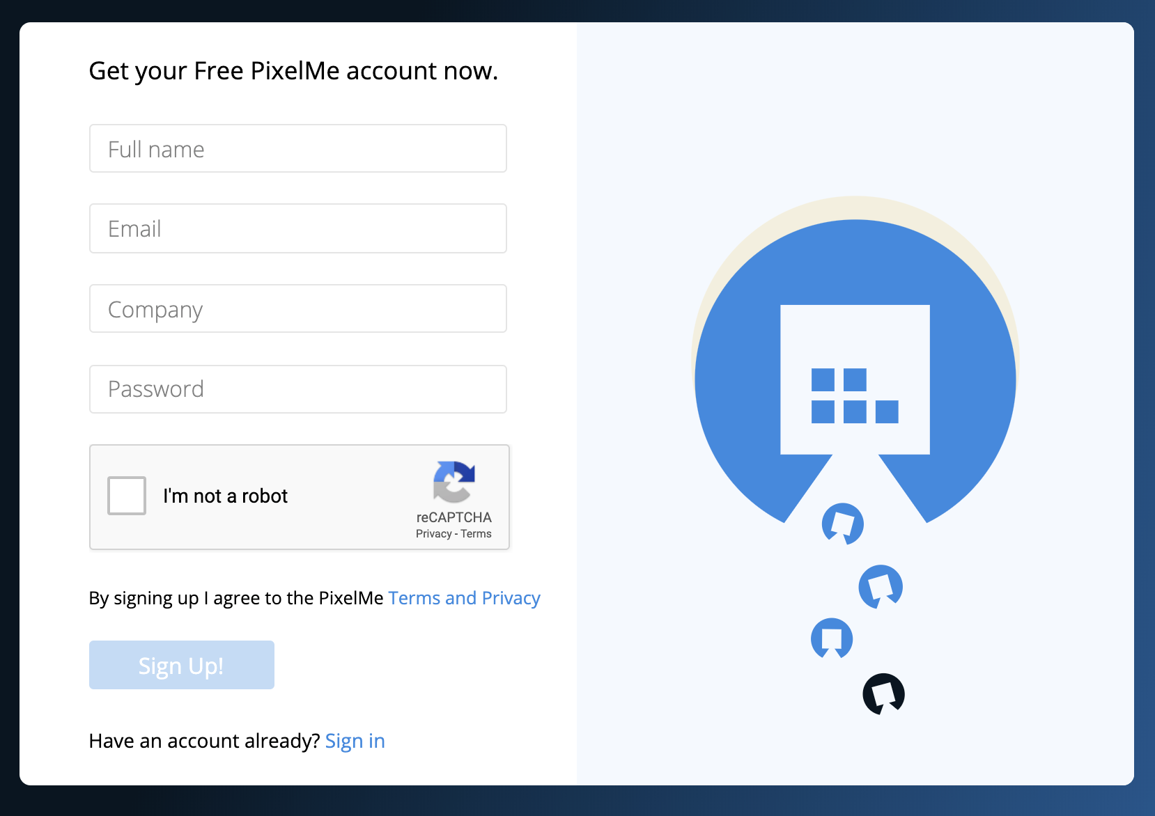 PixelMe signup