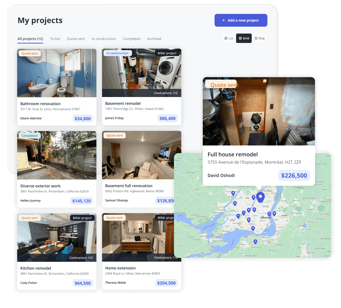 Projects page from Billdr PRO with cards for each project and a map