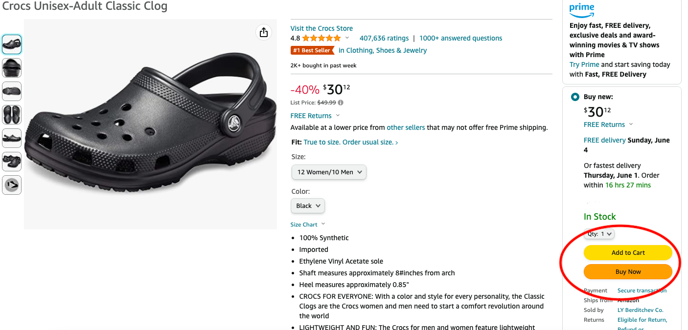 Screenshot of Amazon shop, desktop view, of Buy Now page for Black unisex Crocs, a long-running best-selling product on Amazon and the Buy Box is offered for customers.