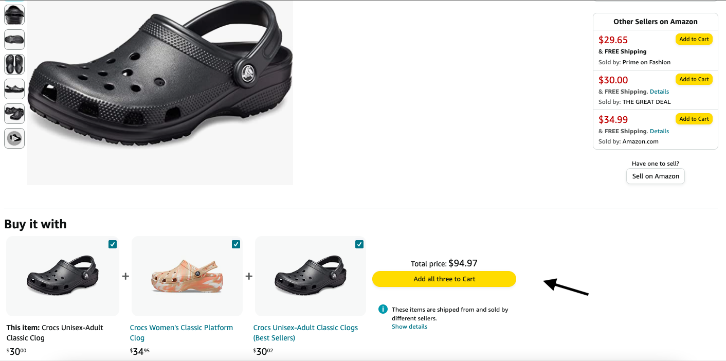 Black Crocs product on Amazon store, screenshot of section of product listing with 3 'add to cart' buttons near the bottom.