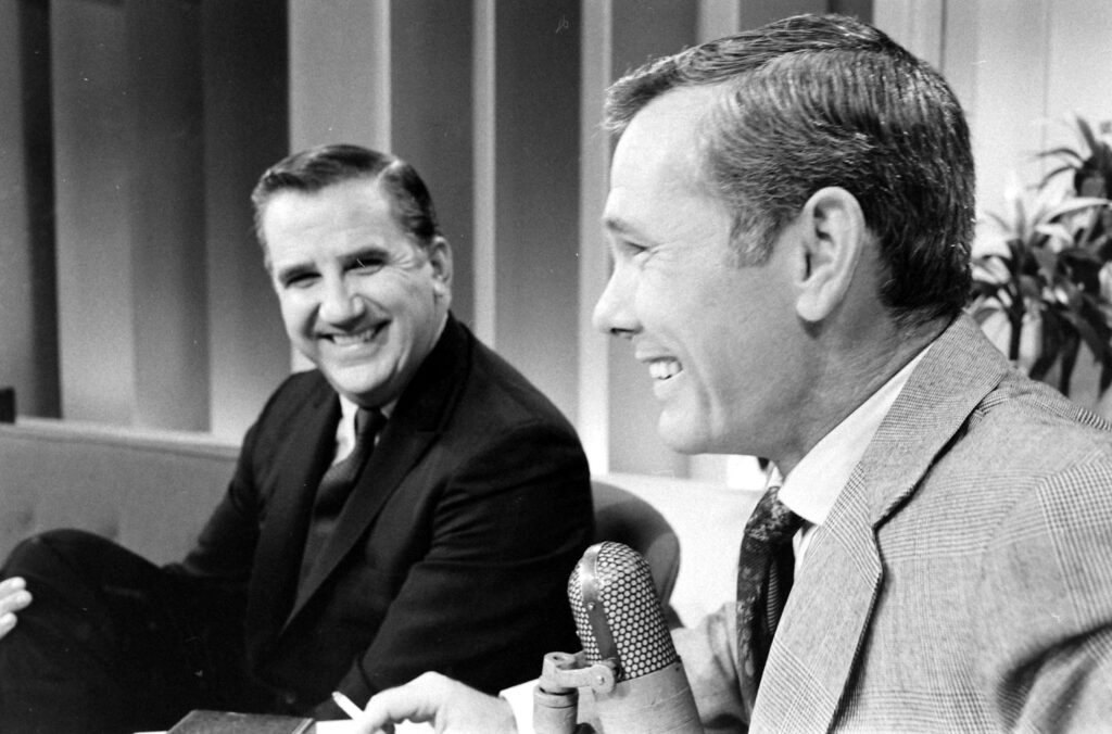 Johnny Carson and his cohost Ed McMahon on his Tonight Show.
