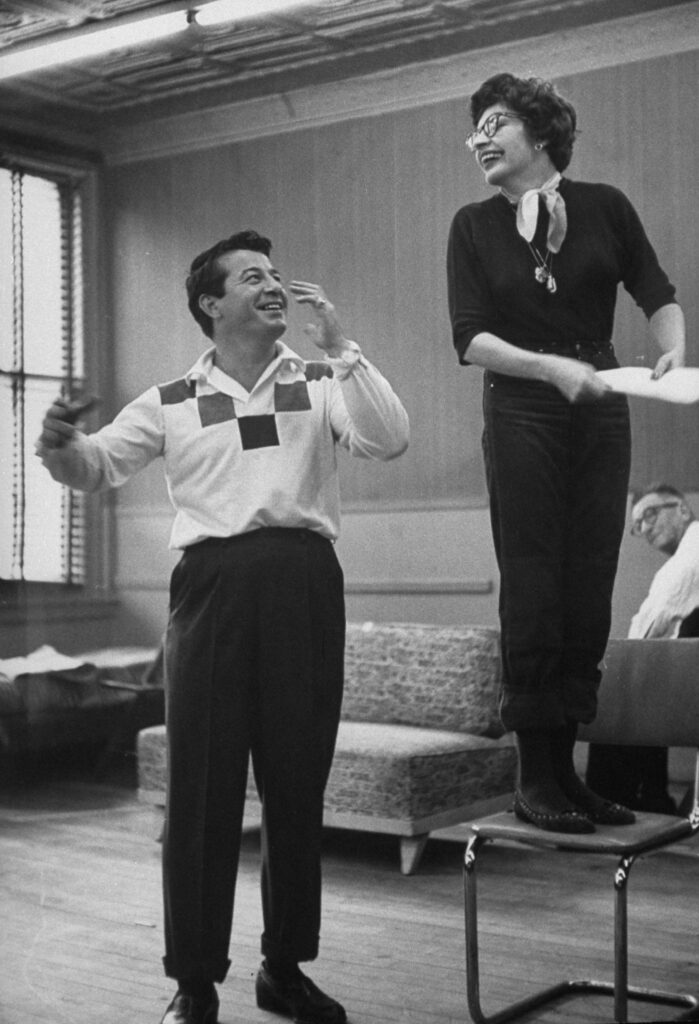 Martha Raye with her guest star rehearsing for her TV show.