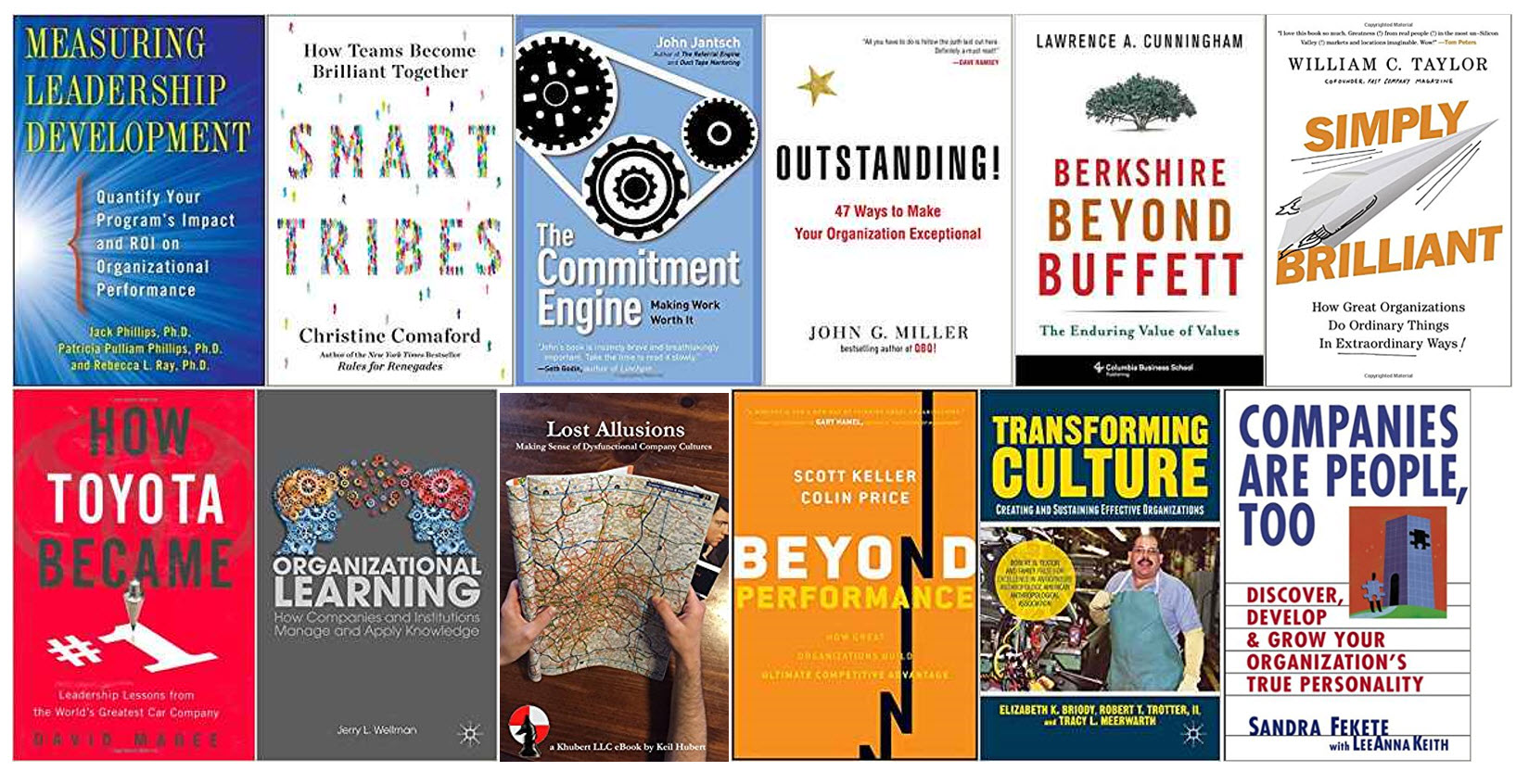 A collection of more than 200 books on company culture and their covers